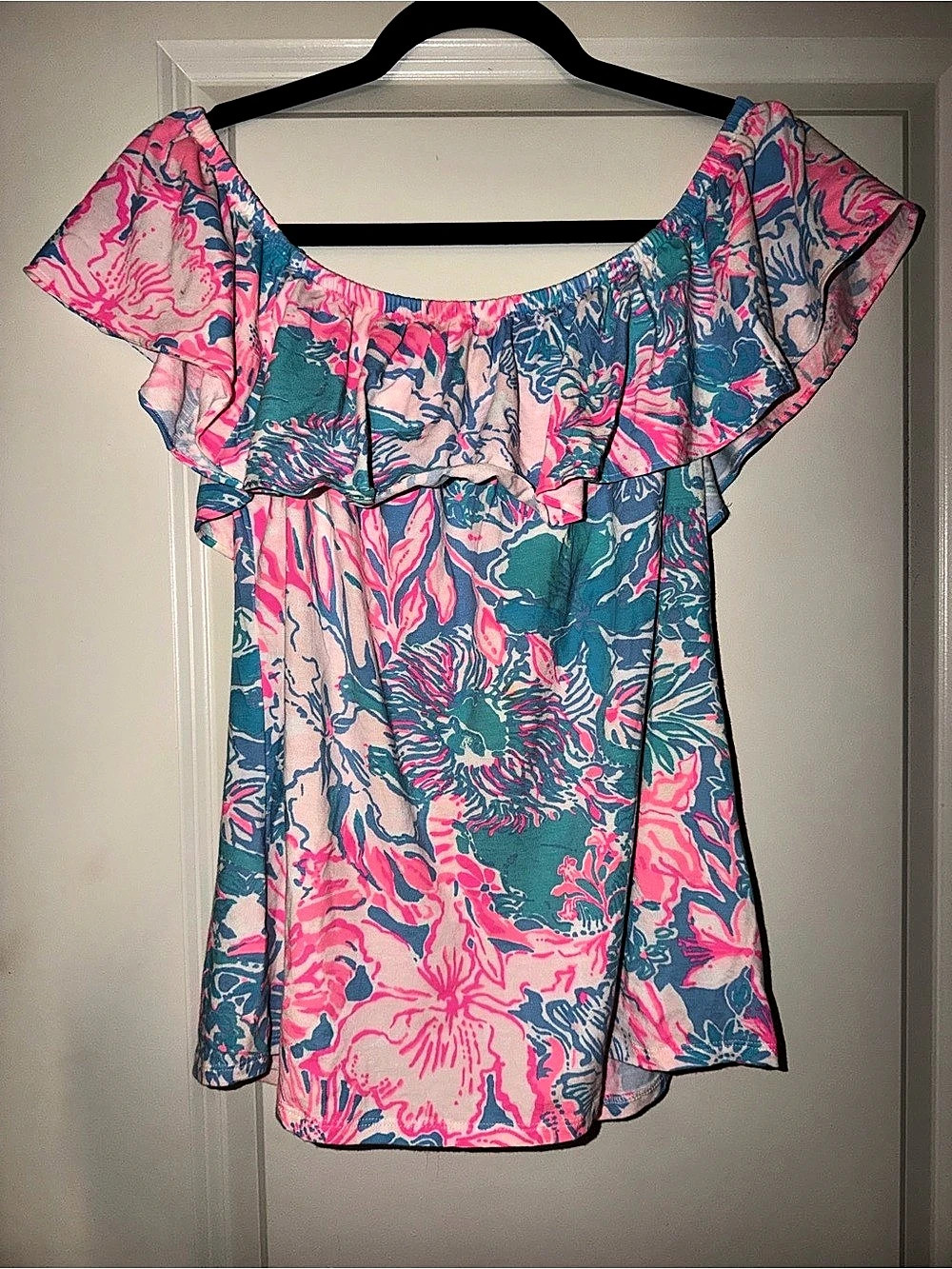 Lilly Pulitzer Tamiami Off-the-Shoulder Top Floral Pink & Blue Medium